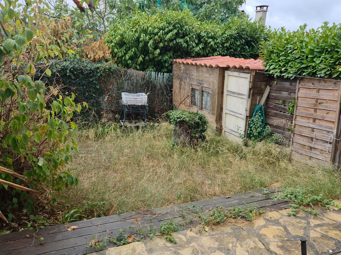 Jardin à l'abandon : herbes hautes et sèches devant un cabanon en bois